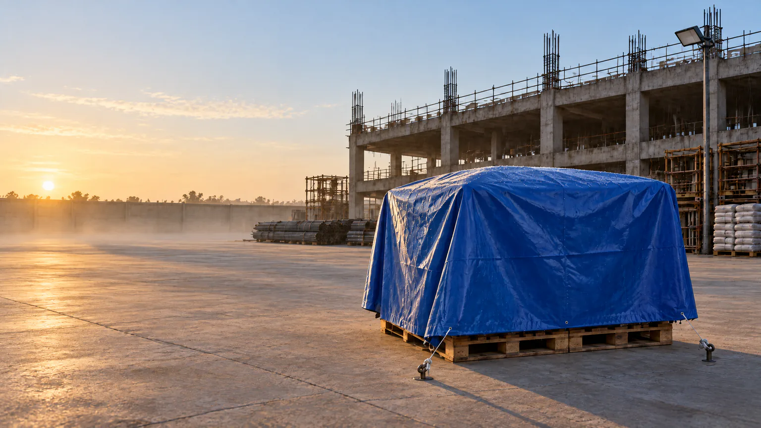 ผ้าใบ PVC ใยแก้วสีน้ำเงินคลุมของบนพาเลทในลานไซต์ก่อสร้าง ผูกเชือกที่มุม ท้องฟ้ายามเช้ามีแสงอาทิตย์ขึ้นสีส้มและหมอกบาง